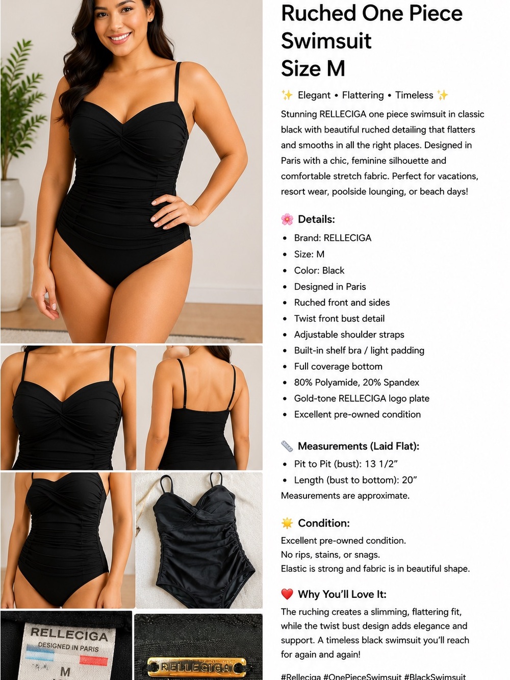 RELLECIGA Black Ruched One Piece Swimsuit Size M Designer Swimwear